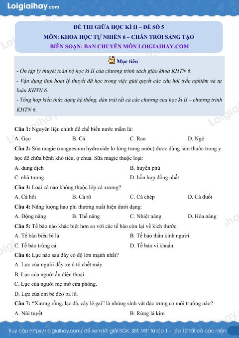 Đề thi giữa kì 2 KHTN 6 Chân trời sáng tạo - Đề số 5